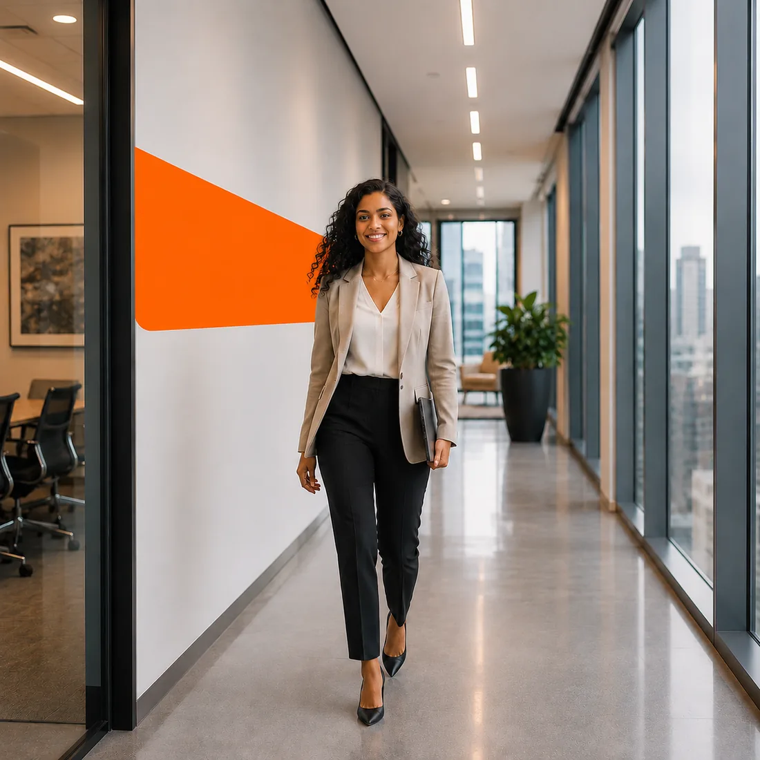 Automation lead walking confidently through a modern office corridor, ready to build RPA workflows in UiPath